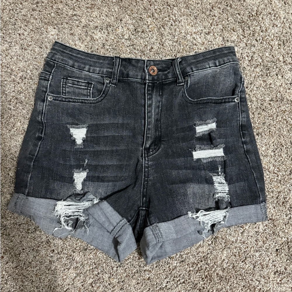 Trendy Distressed Dark Denim Shorts